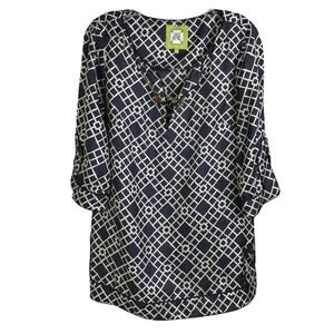 Elizabeth McKay Tunic Top Womens Size 8 Navy Blue Geometric 3/4 Sleeve‎
